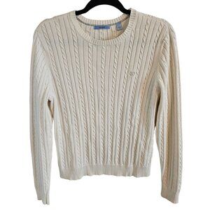 IZOD Woman Size L Cable Knit Cotton Sweater Logo Ivory Classic Preppy Academia